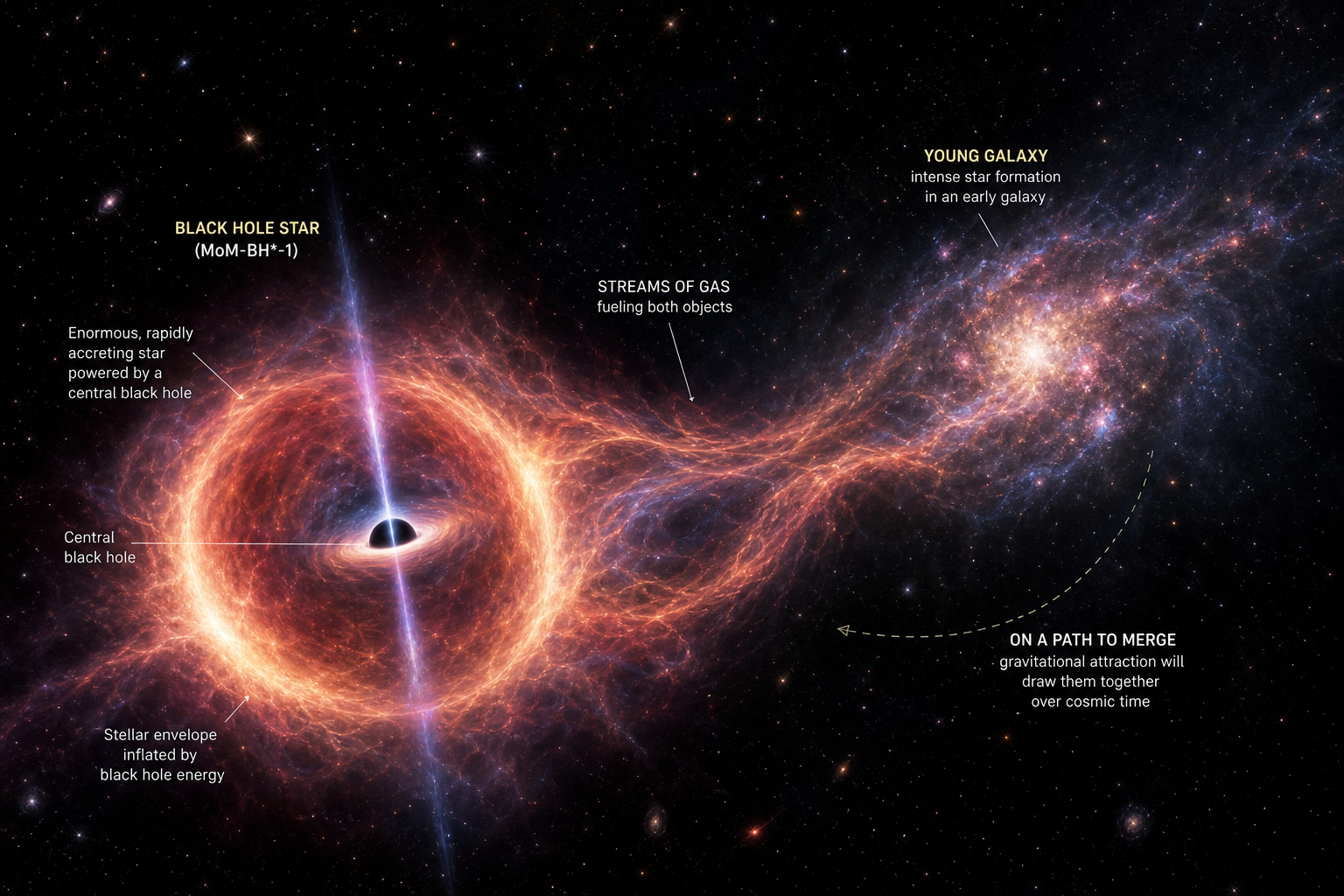 Illustration of a black hole star and a nearby young galaxy on a path to merge in the early universe, connected by streams of gas.