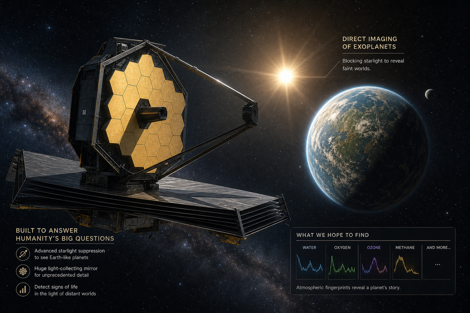 Concept illustration of a next-generation flagship space telescope designed to directly image potentially habitable exoplanets