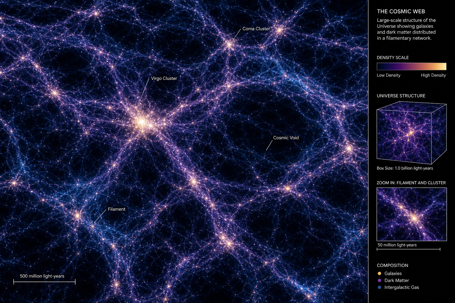 Visualization of the cosmic web showing filaments of galaxies and dark matter connecting galaxy clusters across the universe