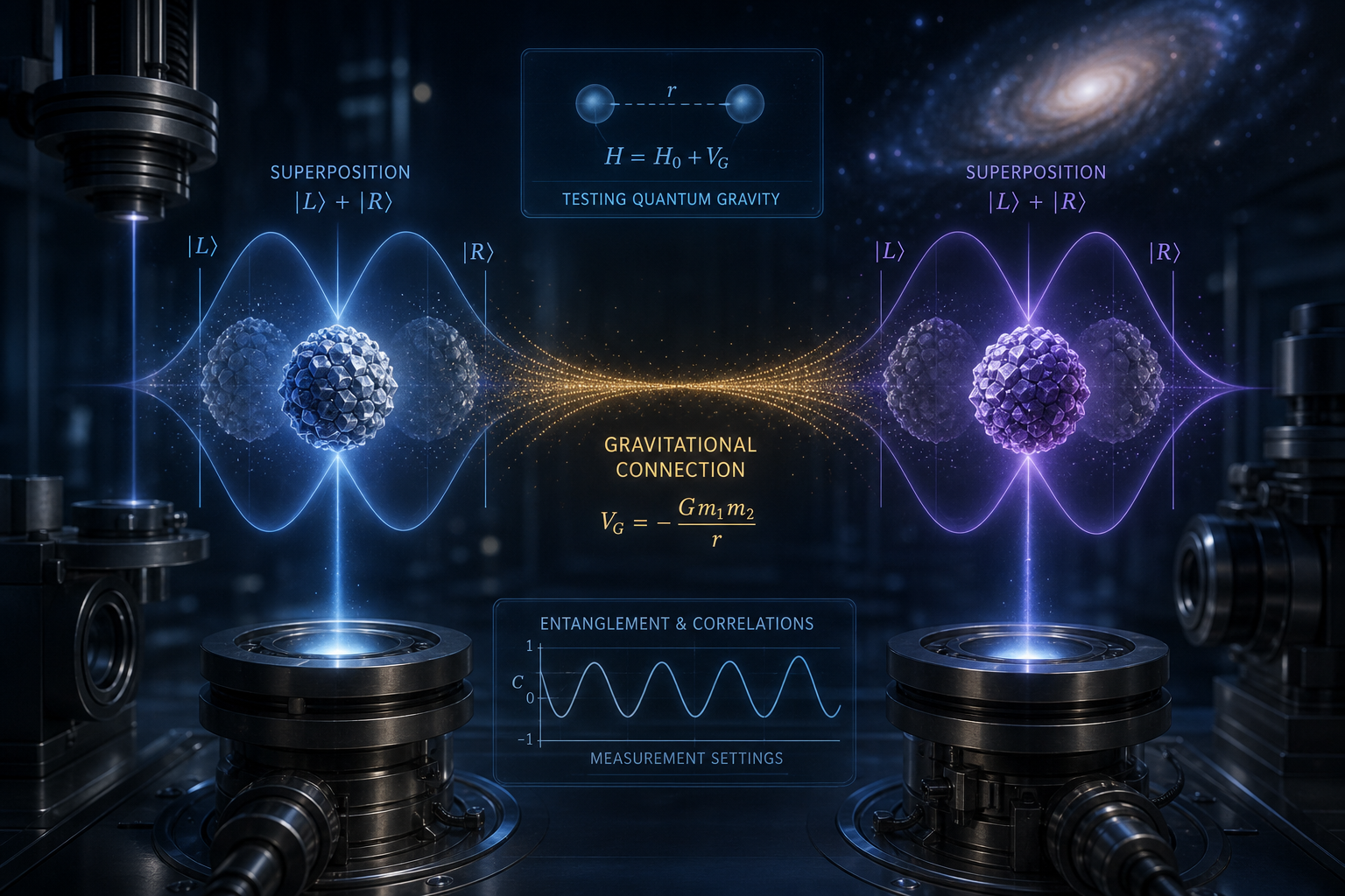 Conceptual illustration of two nanocrystals in quantum superposition connected by gravity, representing a lab test of quantum gravity