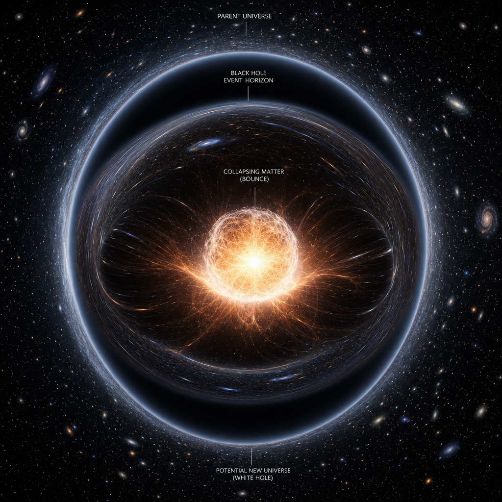 Conceptual illustration of a universe forming through gravitational collapse and bounce inside a black hole nested within a larger parent universe